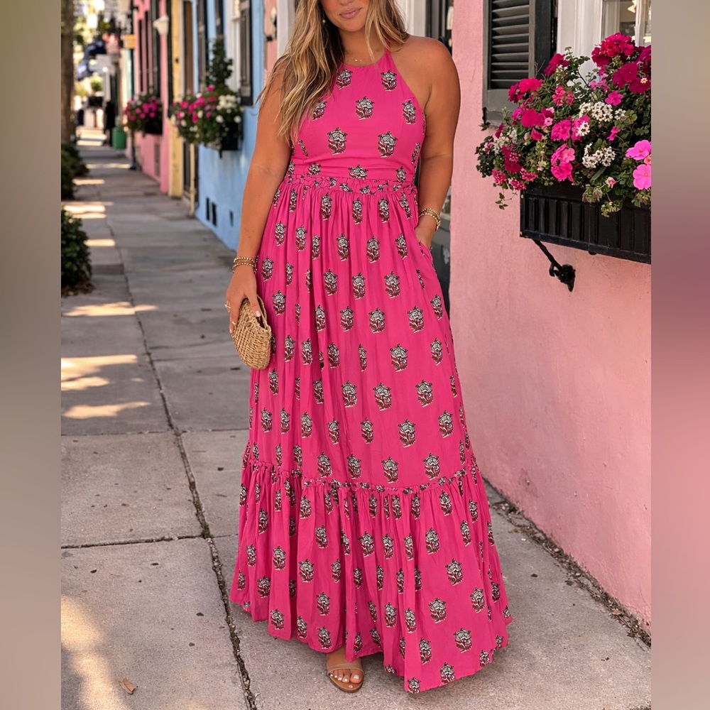RHODE Salena Maxi Dress in Marigold Flower Hot Pink Large